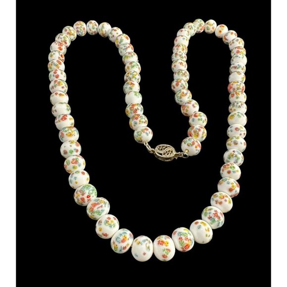 Vintage MCM White Millefiori Beaded Knotted Necklace Gold Tone Filigree Clasp - Picture 7 of 7